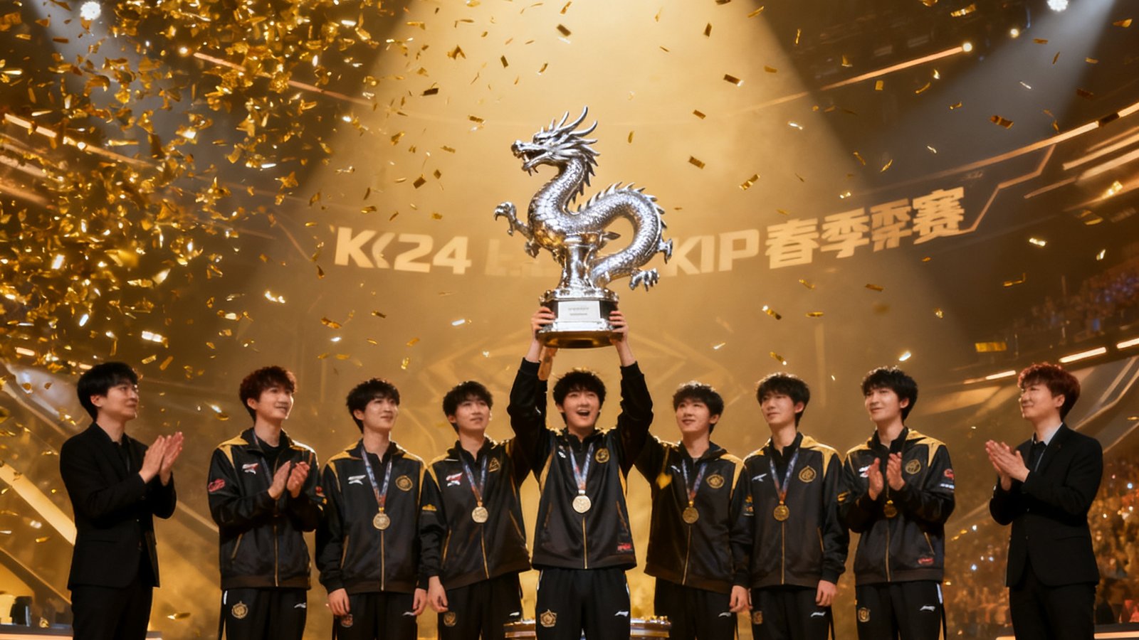 2024年KPL春季赛冠军战队全体成员在舞台上高举银龙奖杯，金色的纸屑从天而降，队员们脸上洋溢着激动和喜悦，教练组成员站在两侧鼓掌庆祝。