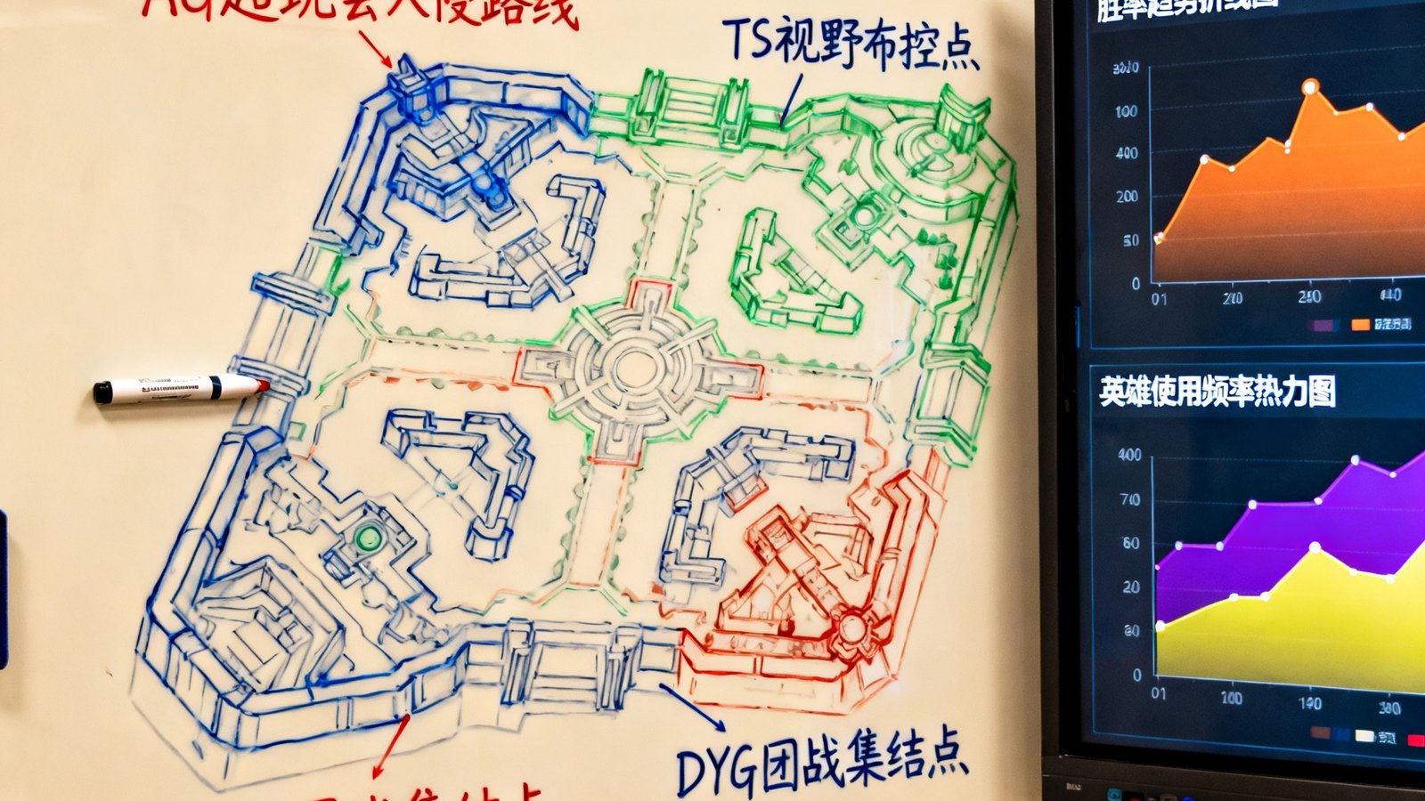 一张战术分析白板，上面用彩色标记笔绘制了王者荣耀峡谷地图，标注了不同战队的入侵路线、视野布控点和团战集结点，旁边电脑屏幕显示着胜率趋势折线图和英雄使用频率热力图。