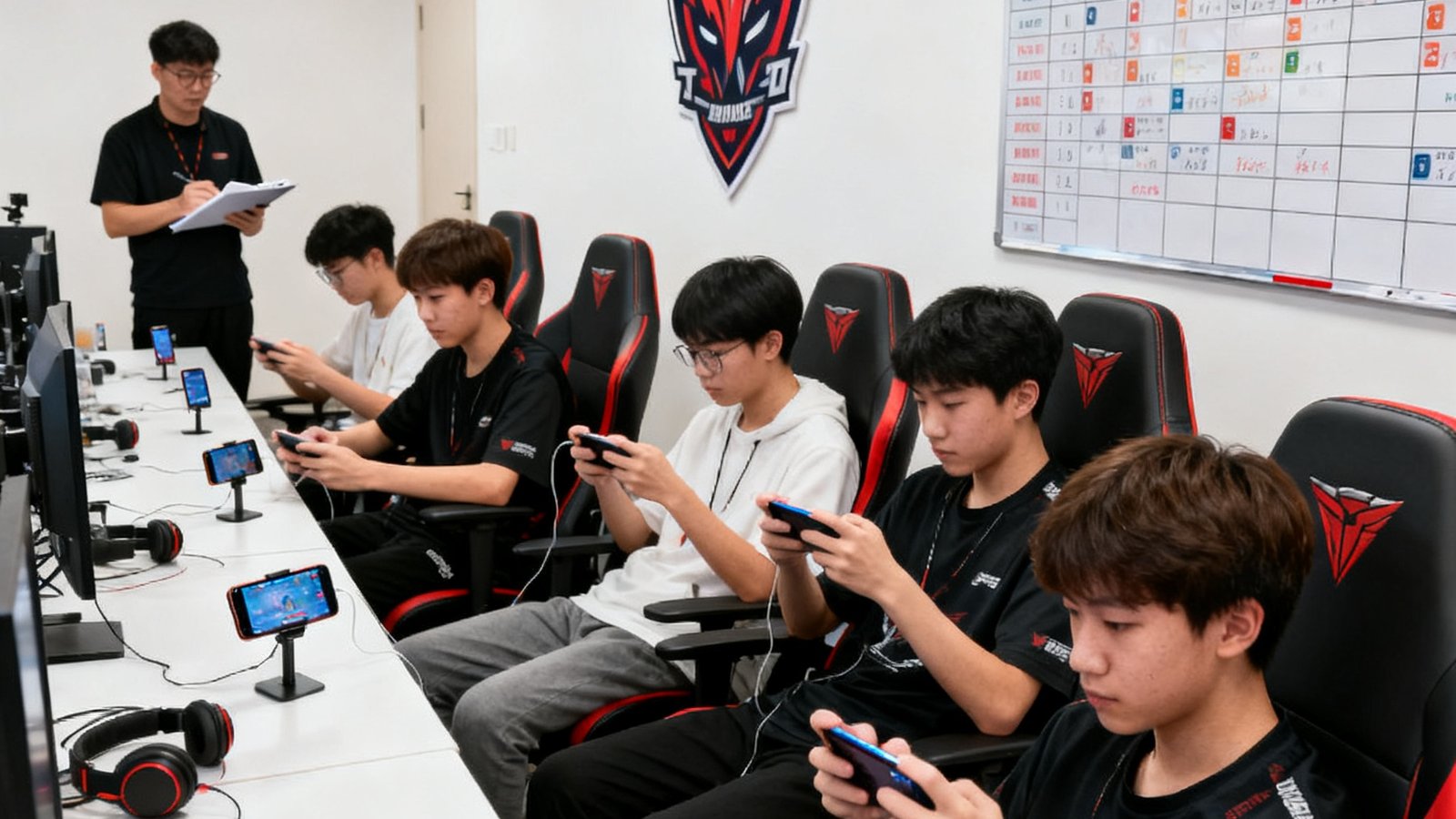 宽敞明亮的电竞青训营训练室内，七八名年龄约16至19岁的年轻选手坐在电竞椅上专注训练，每人面前摆放着专业电竞手机，墙上悬挂着战队队徽和训练日程表，教练在一旁观察记录。